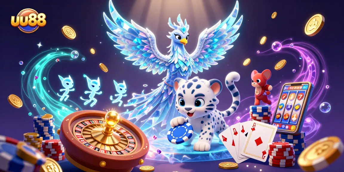 Engage with the exciting world of uu88 through a vibrant 3D casino scene filled with gambling elements.