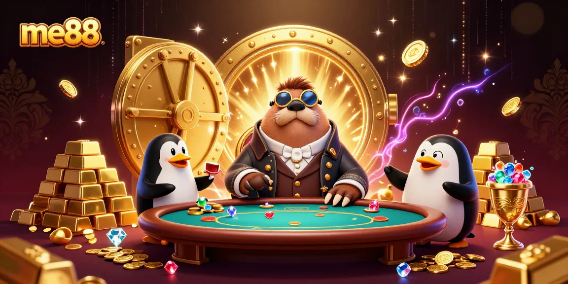 Enjoy thrilling gameplay at me88 with fish shooting, poker, and treasure vaults in a vibrant casino scene.