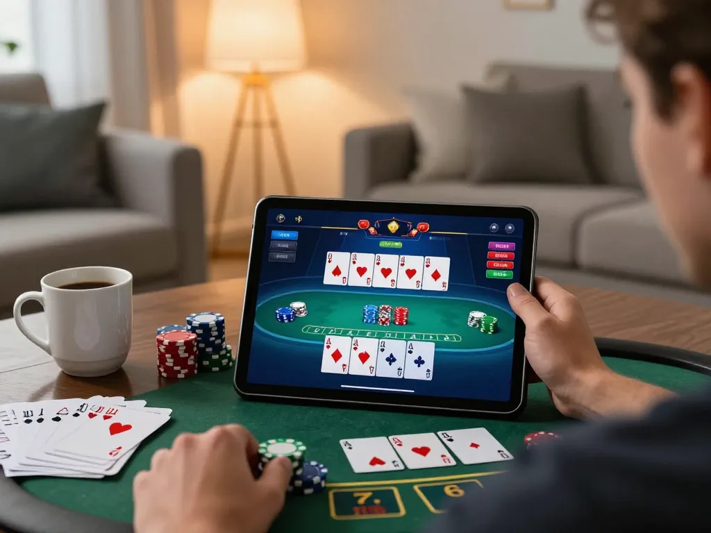 Engaging player using f8betz for online poker gaming, showcasing tablet display and betting notes.