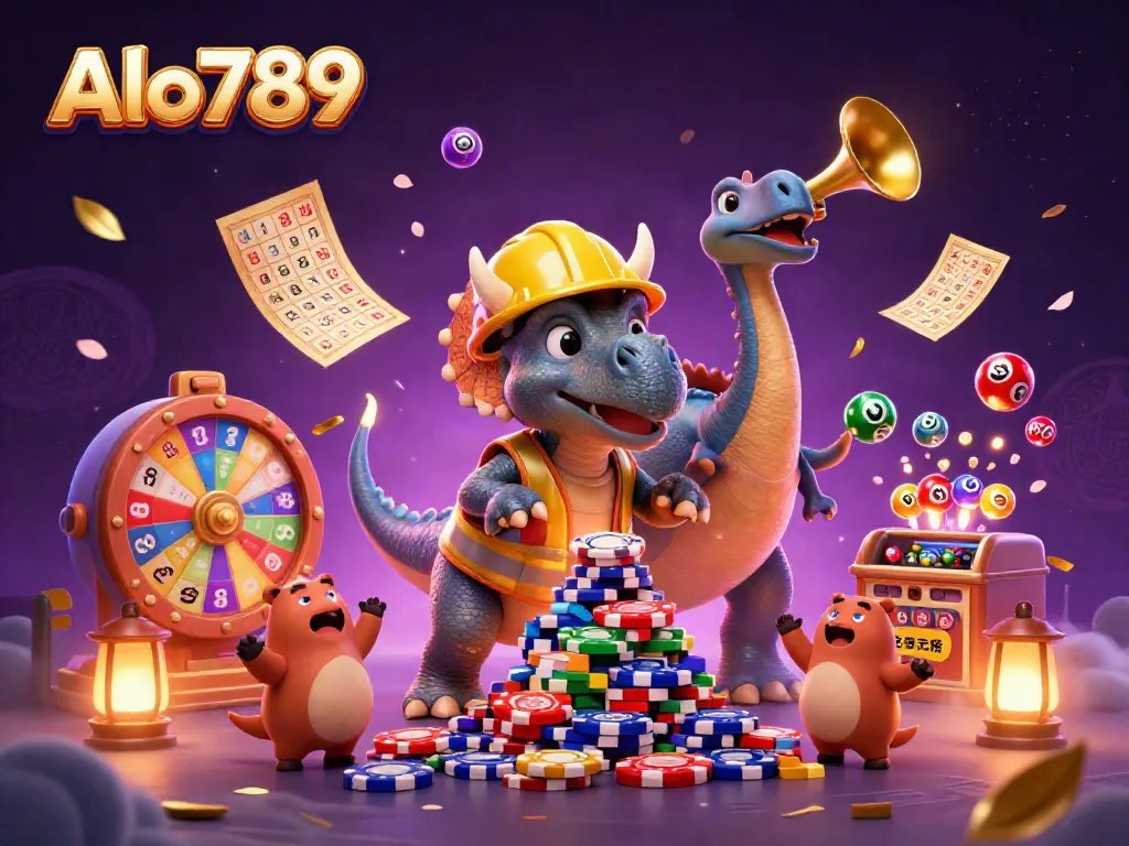 Alo789 showcases a vibrant casino scene with a triceratops building poker chips, celebrating with a parasaurolophus amidst gambling elements.