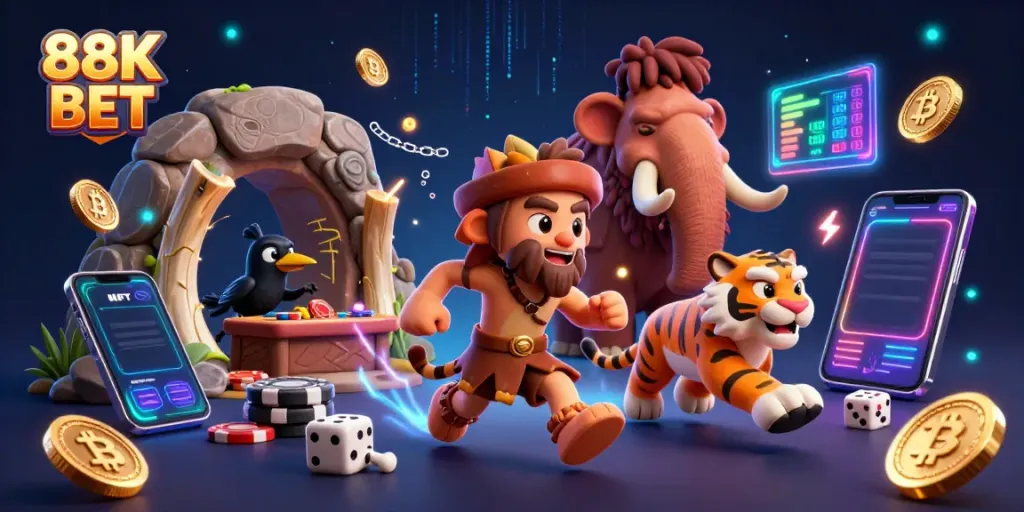 Experience excitement with 88K BET in a vibrant prehistoric casino scene featuring whimsical characters.