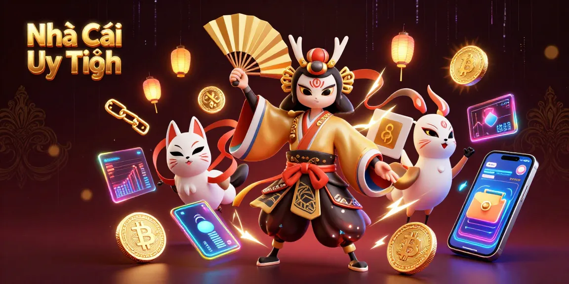 Engage with Nhà Cái Uy Tín, colorful casino action featuring kabuki warrior and digital elements.