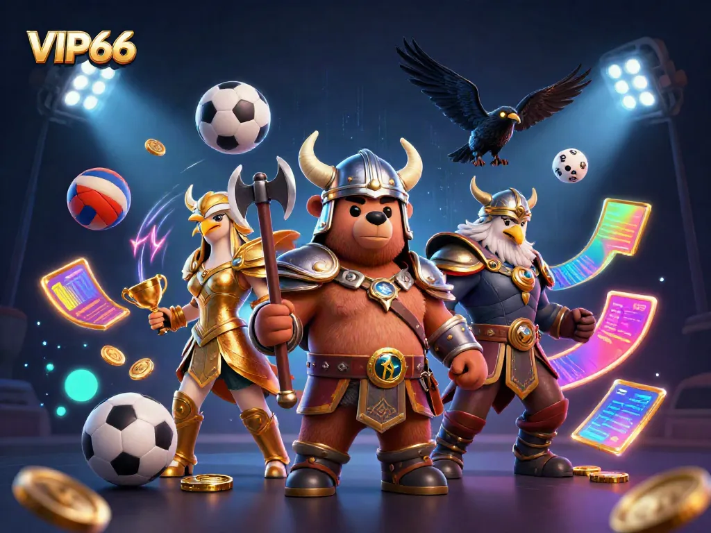 Engaging illustration of a Viking bear and Valkyrie eagle interacting in an exciting VIP66 casino scene.