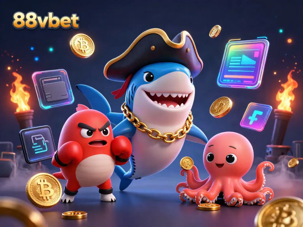 Experience 88vbet's thrilling casino environment with pirate-themed characters and crypto elements