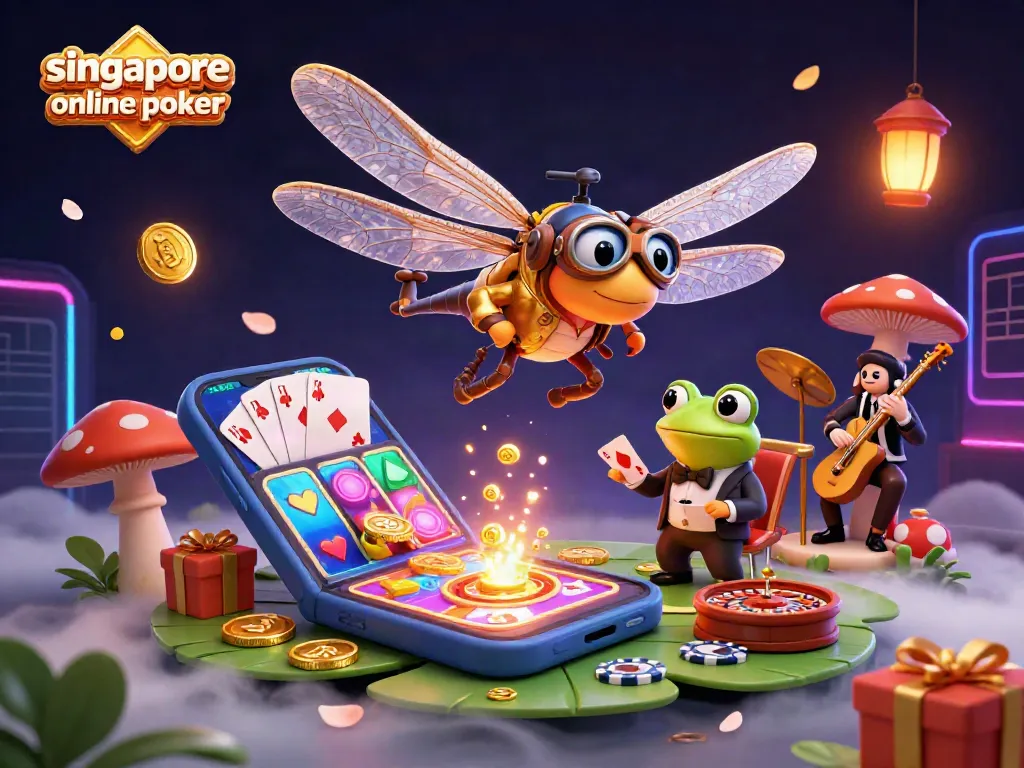 Experience exciting singapore online poker with colorful casino scenes featuring a dragonfly pilot and frog croupier.