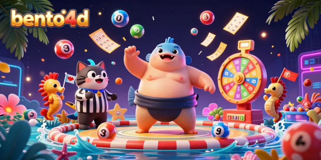 Bento4d enhances gambling excitement with a lively underwater scene featuring a fugu in a sumo belt and colorful lottery game elements.