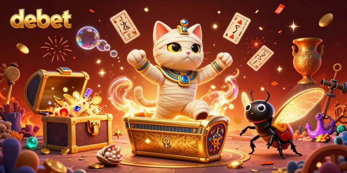 Engage in the debet casino experience with a vibrant pyramid scene featuring a mummy cat and glowing elements.