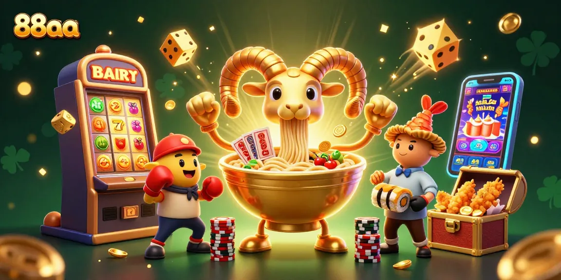 88aa's vibrant casino scene with a giant ramen bowl character stacking chips and dealing cards.