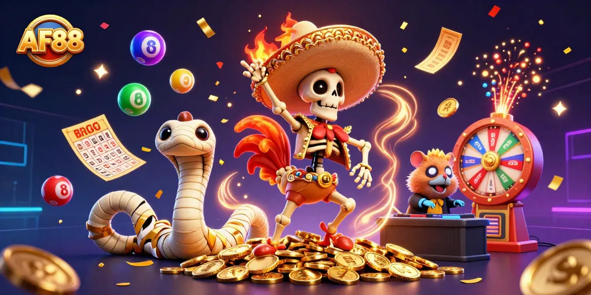AF88 brings excitement with a colorful display of lottery balls and dynamic casino scenes featuring a dancing rooster.