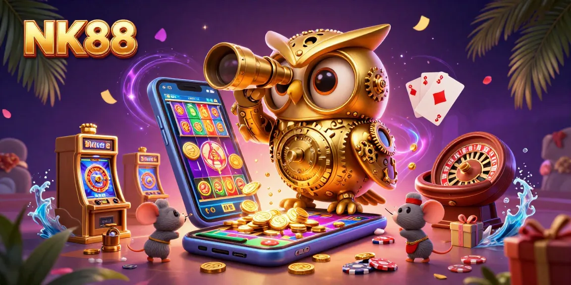 Engage in thrilling gameplay at NK88, featuring a golden owl amid vibrant casino elements.