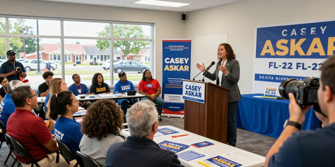 Casey Askar engaging constituents at a town hall event, showcasing community connection.