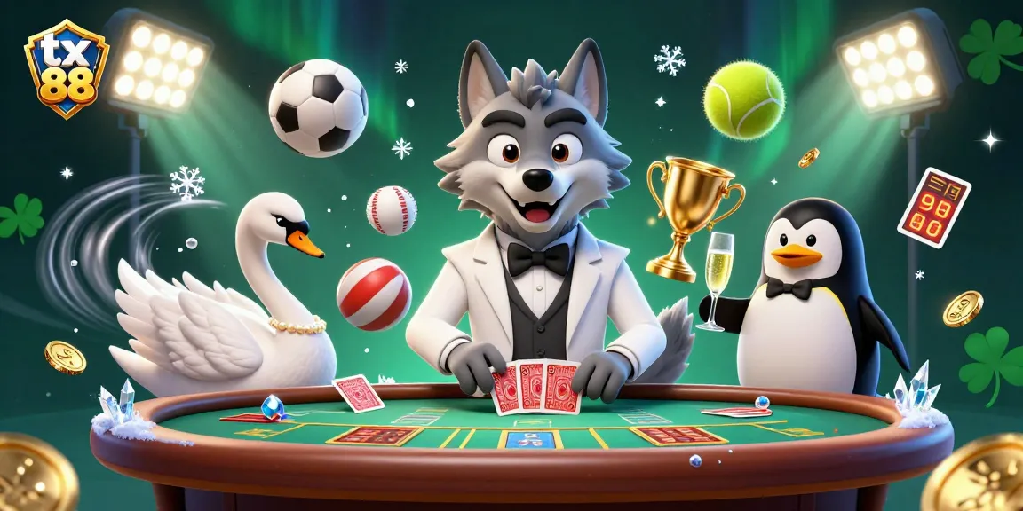 Experience the excitement of tx 88 with this vibrant casino scene showcasing a debonair wolf, elegant swan, and penguin sommelier.