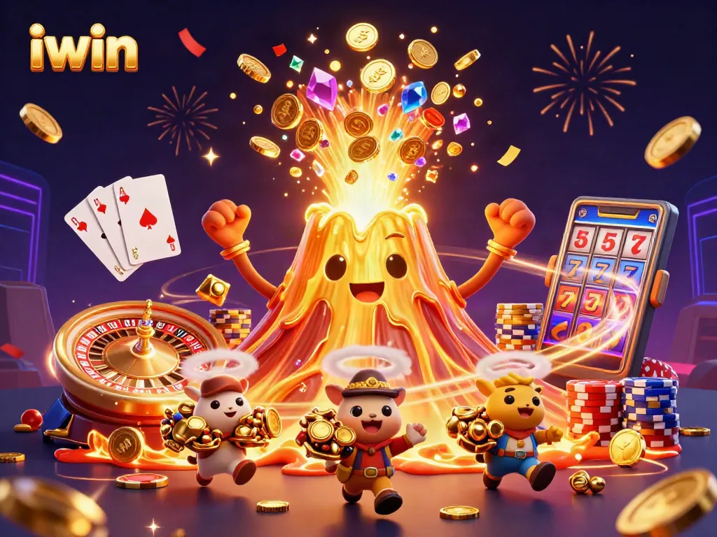 Experience the thrill of iwin with a vibrant 3D casino scene featuring a golden volcano and treasures.
