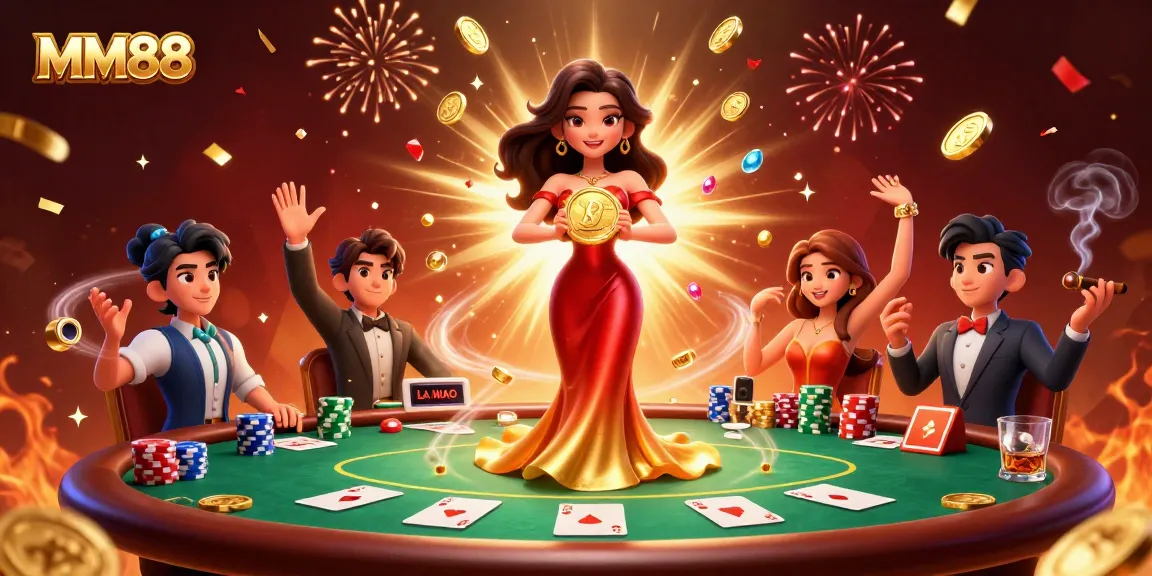 Experience the thrill of MM88 with coins and poker elements in a dynamic casino scene.