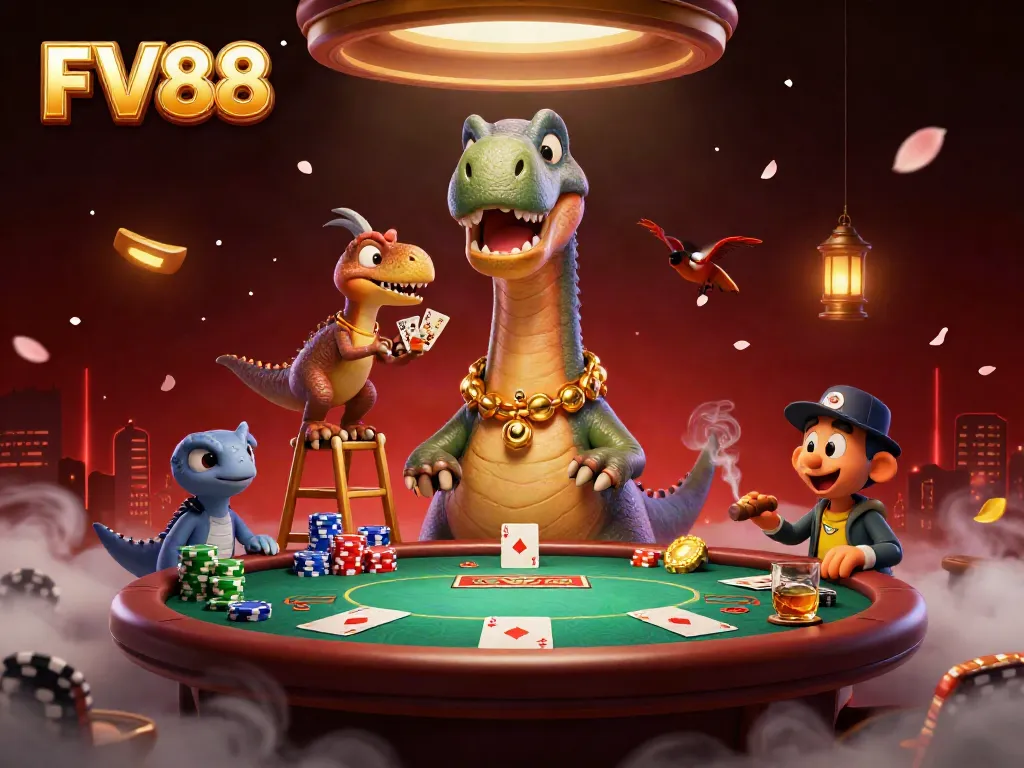 Experience thrilling casino action at FV88 with a vibrant 3D scene featuring dynamic gambling elements, including poker.