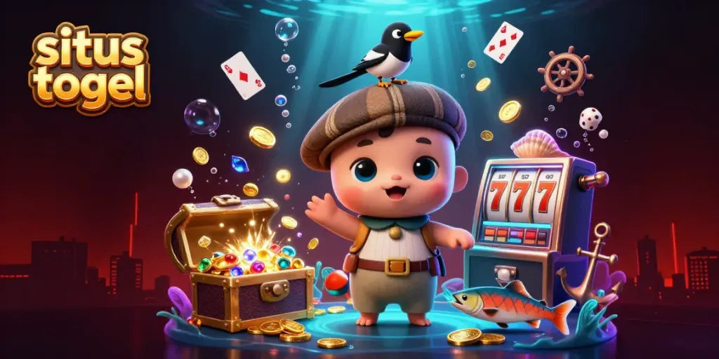 Situs togel players engage with colorful slot machines and playful sea creatures in a dynamic underwater scene.