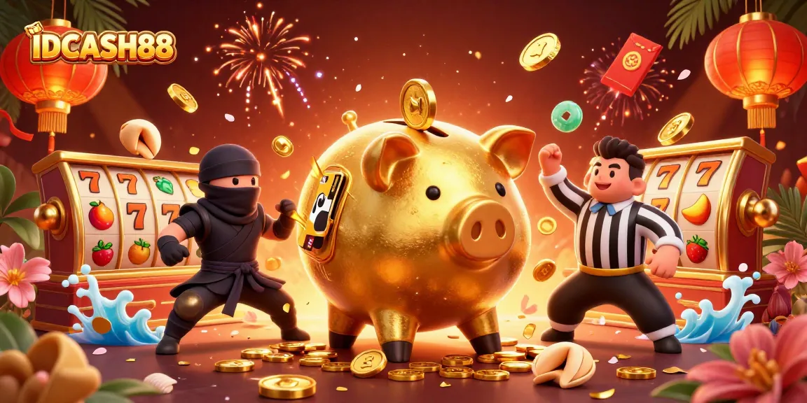 Experience thrilling wins with IDCASH88 at the casino, featuring a joyful golden piggy bank, samurai, and wallet ninja.