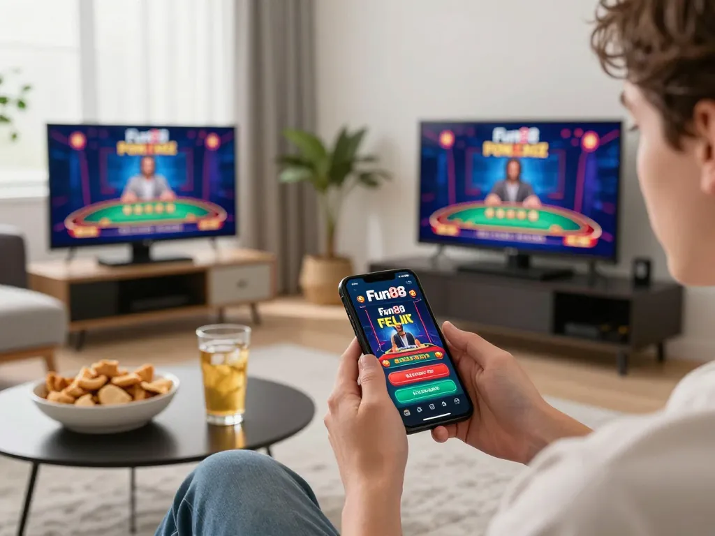Playing fun88 on a smartphone in a cozy home setup, blending modern gaming with comfort