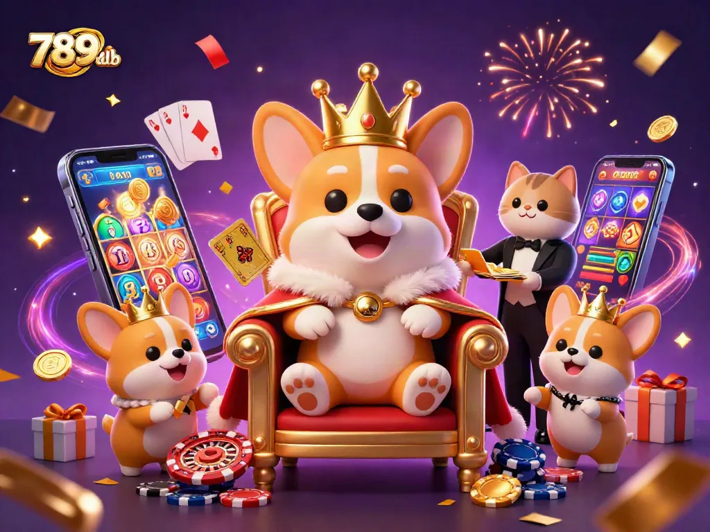 Engage with 789club's vibrant gaming scene, featuring a royal corgi and dynamic casino elements.