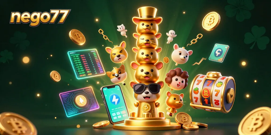 Nego77 showcases unique 3D totem characters surrounded by glowing crypto coins and slot elements in a vibrant casino theme.