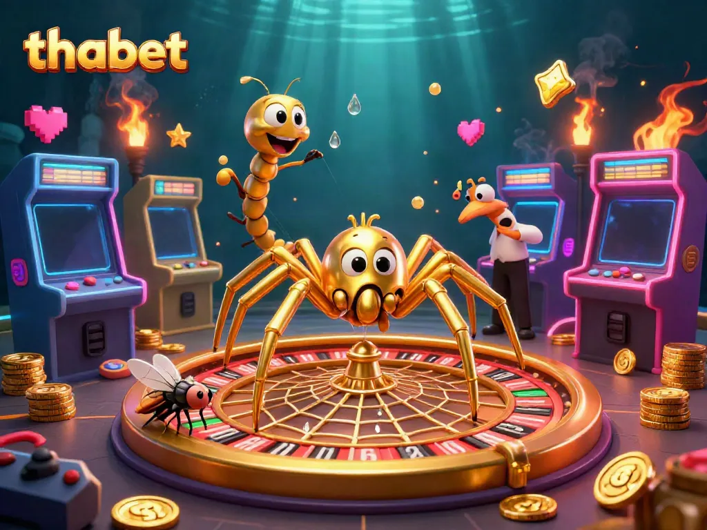 Experience thrilling bets at Thabet with a golden spider roulette and interactive game elements.