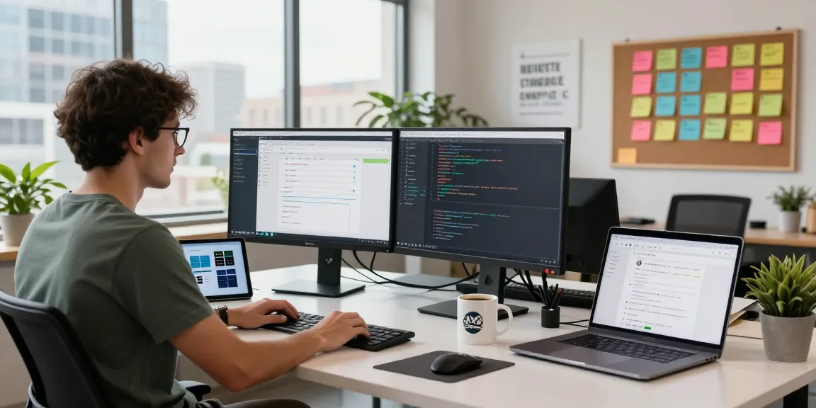 Build internal tools with AI in a modern tech workspace featuring coding screens and vibrant office elements.