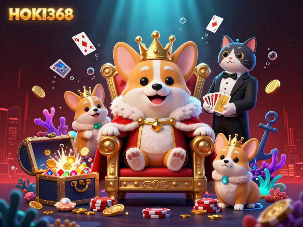 Engage in vibrant gaming excitement with HOKI368's royal corgi mascot among treasures and cards.