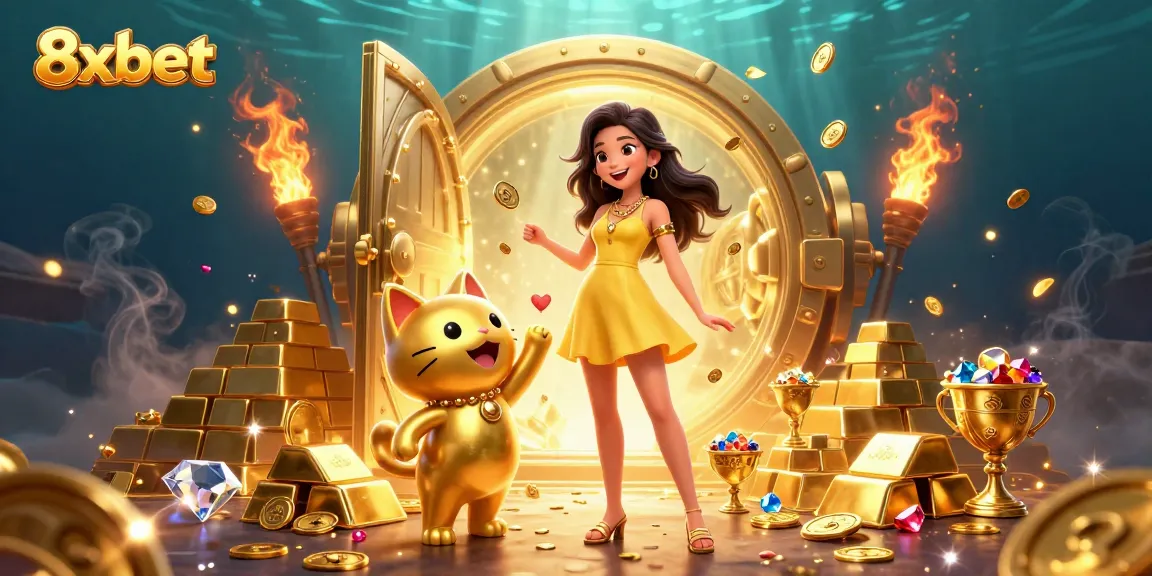 Experience thrilling gameplay at 8xbet with golden treasures and vibrant 3D characters in a captivating casino scene.