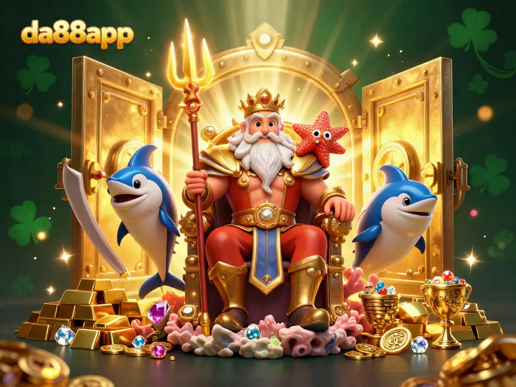 Experience excitement with da88app in a vibrant 3D casino scene featuring Neptune, treasure vaults, and flowing gems.