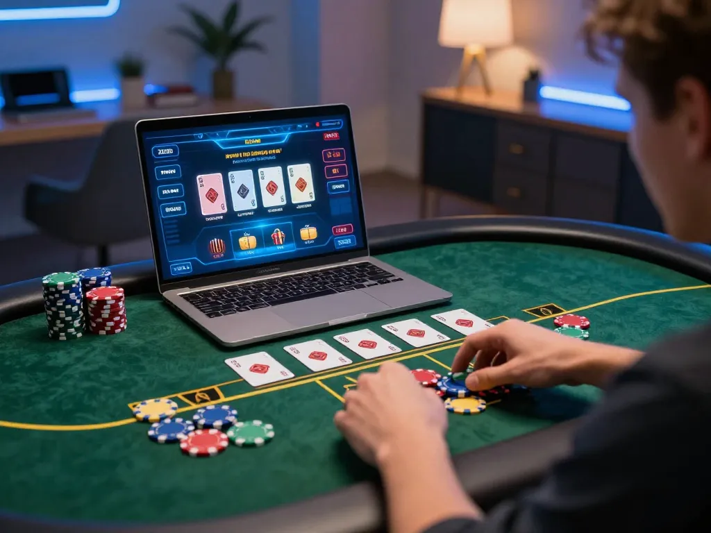 Engaged player strategizing on UG DEWA online poker platform, showcasing vibrant gaming interface and chips.