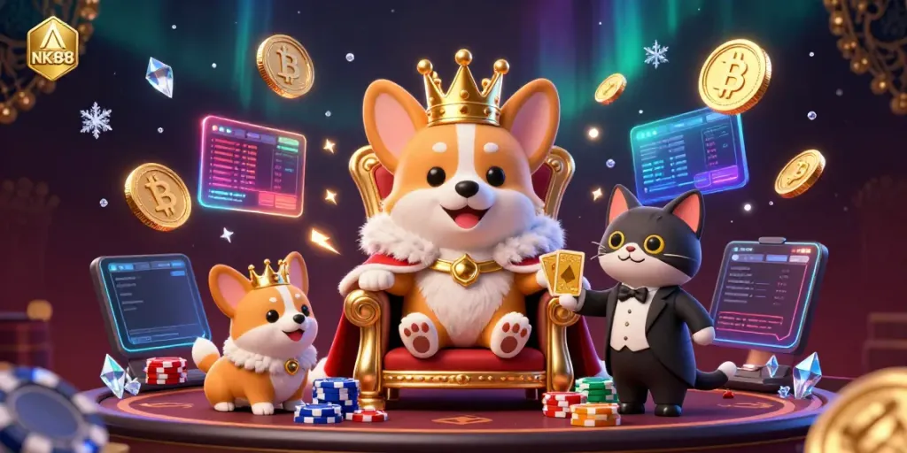 Experience the royal decadence of NK88 through a vibrant, detailed illustration featuring popular casino themes.