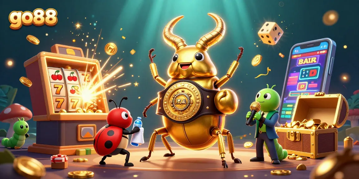 Experience the excitement of go88 casino with a vibrant 3D scene of characters and slot machines bursting with coins.