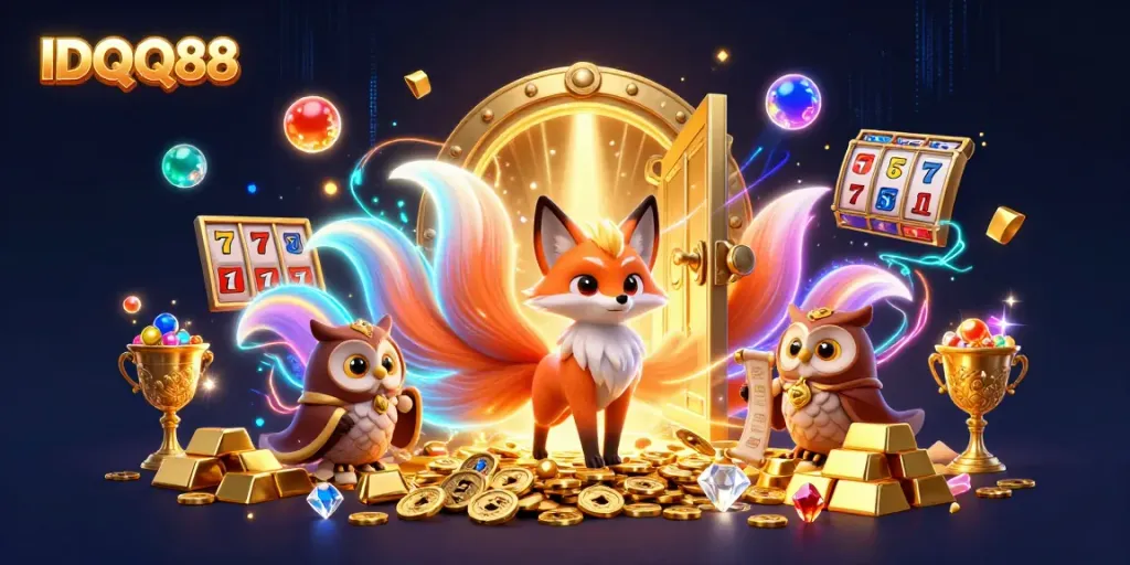 Experience thrilling slots with IDQQ88, featuring a colorful nine-tailed fox and treasures illuminating the scene.