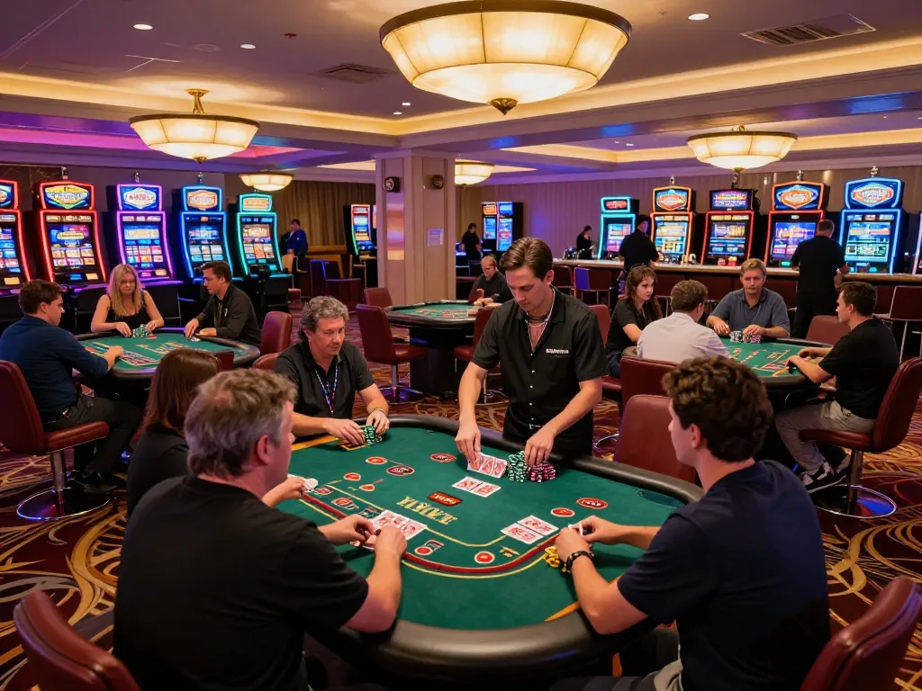 Engaging gameplay at blackjack tables in a no hu casino atmosphere with players and dealers.