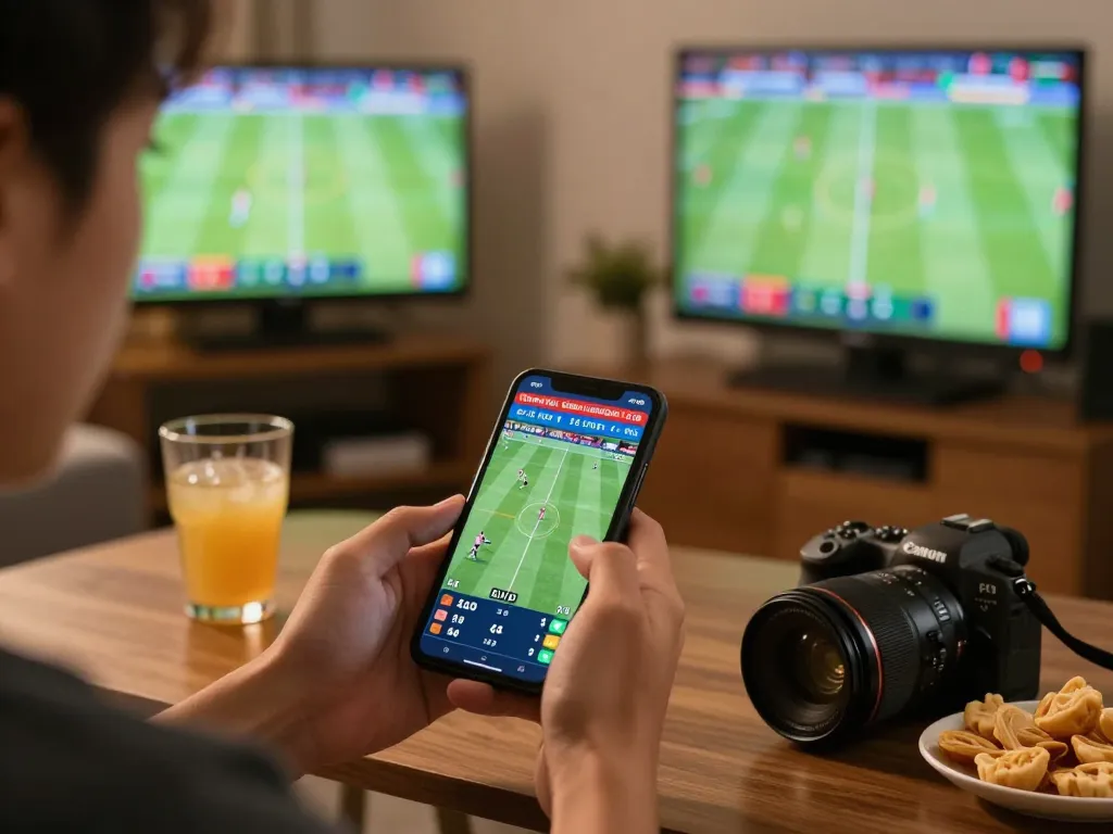 Kèo nhà cái displayed on smartphone during online sports betting with energetic home atmosphere.