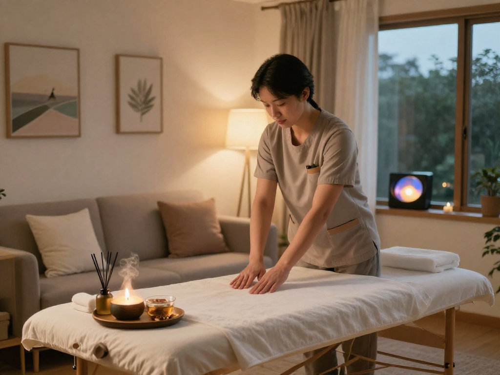 오산출장마사지 in a serene home setting, professional therapist preparing a cozy environment for relaxation.
