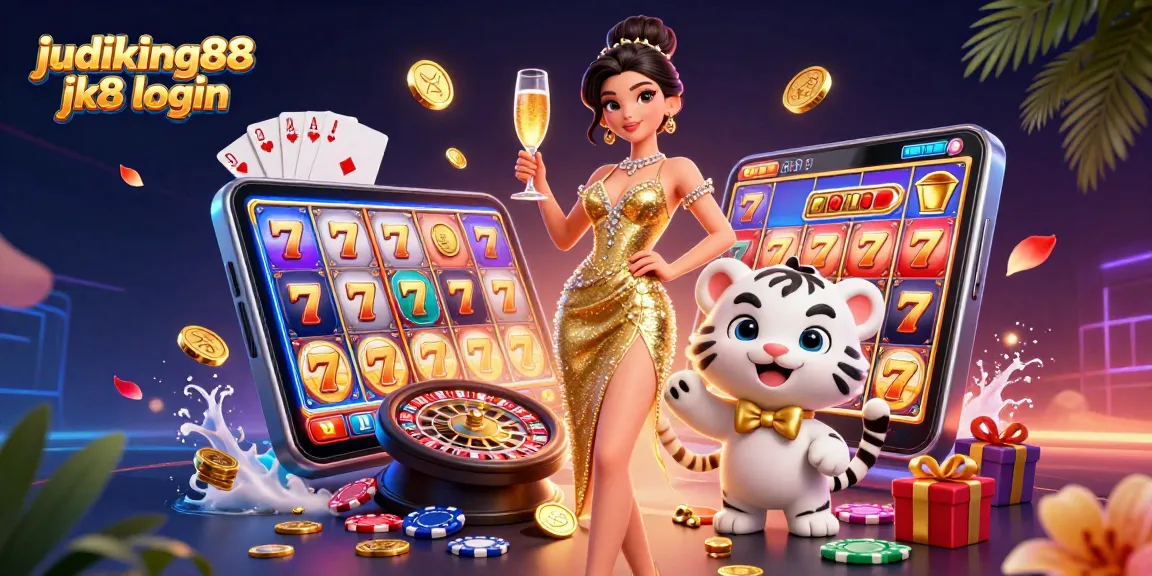 Win with judiking88 jk8 login at JK8 Casino, featuring a glamorous cocktail party scene with vibrant slot game elements.