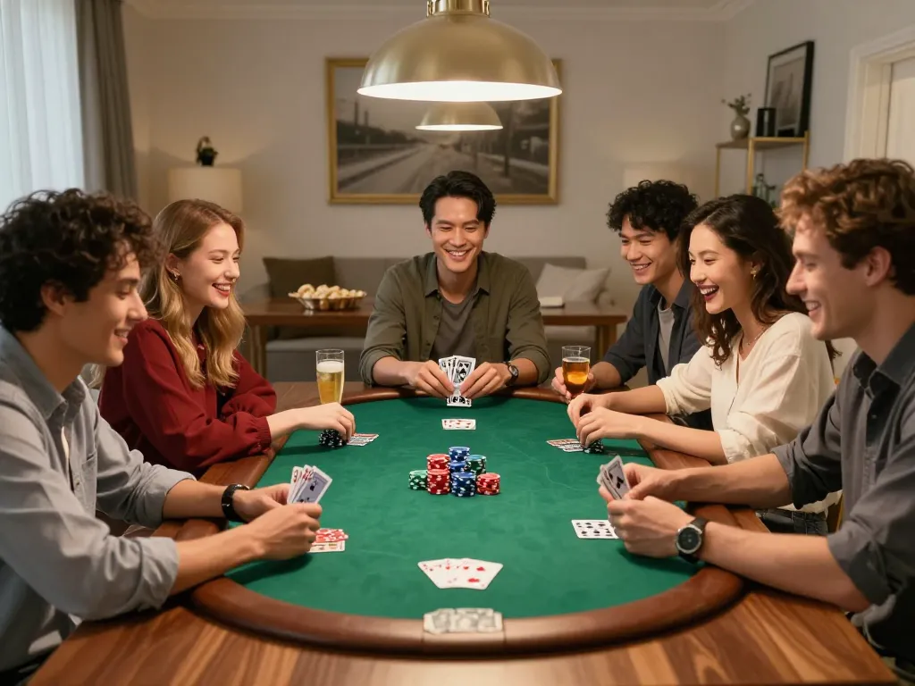 Friends enjoying a competitive poker night while using bong99 platform to place bets.