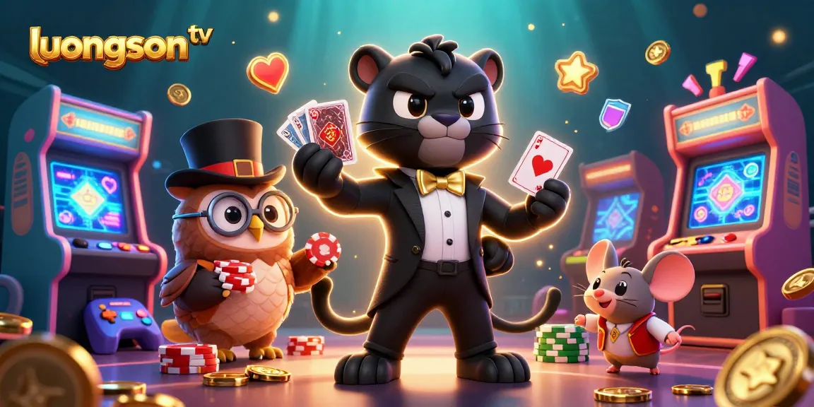 Engage with luongson tv for expert poker gameplay enhanced by animated characters in a vibrant casino setting.