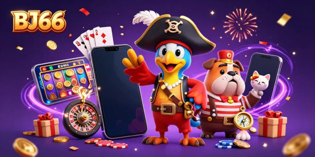 Join the excitement of BJ66 as a pirate captain navigates winning slots amidst a sea of coins and cards.