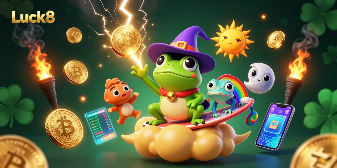 Luck8 offers a vibrant 3D casino experience with golden coins and neon crypto elements.