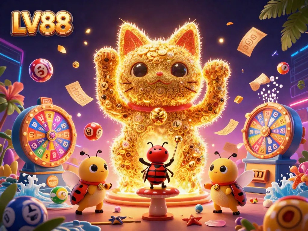 Experience the thrill of LV88 with a vibrant 3D lucky cat and casino symbols in action.