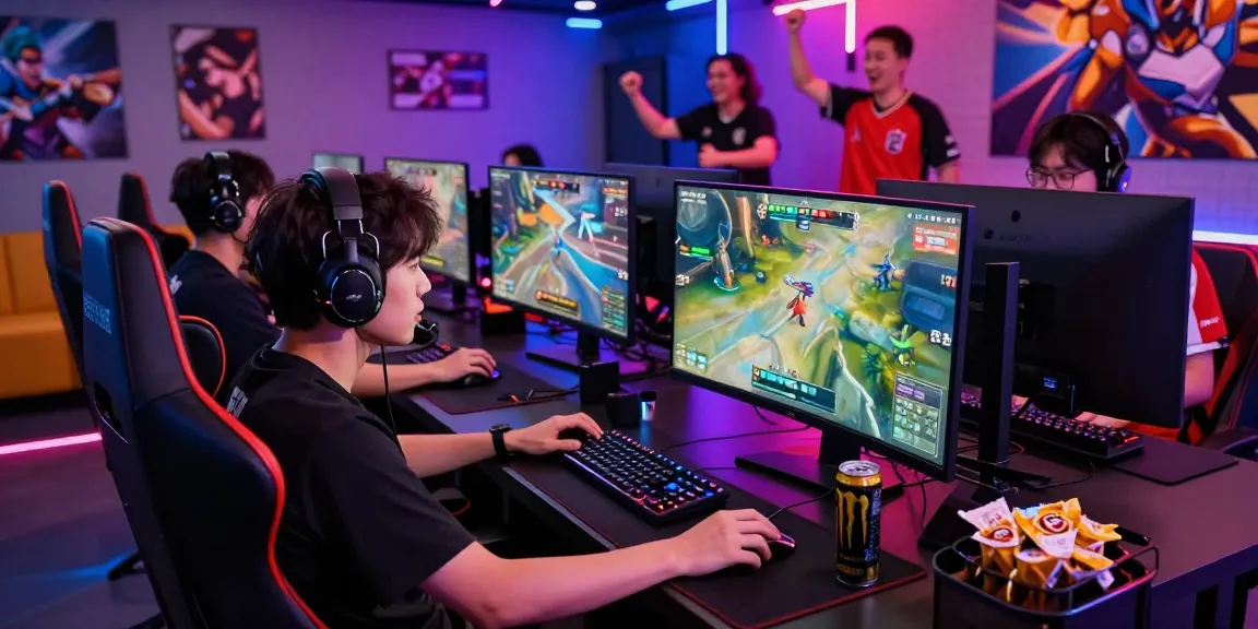 Engaging scene showcasing Overwatch 2 cheats in a vibrant eSports lounge, with a focused gamer, illuminated gaming peripherals, and cheering friends.