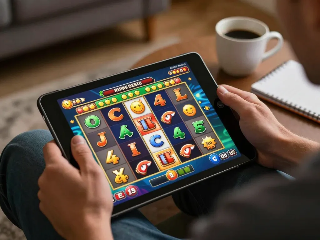Engaging with a Slot Demo on a tablet in a cozy home setting, emphasizing strategic online gaming.