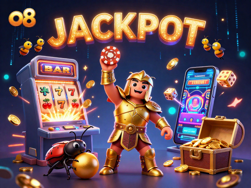 Experience the thrills of o8 with a victorious hercules beetle celebrating a casino jackpot amidst colorful gaming elements.