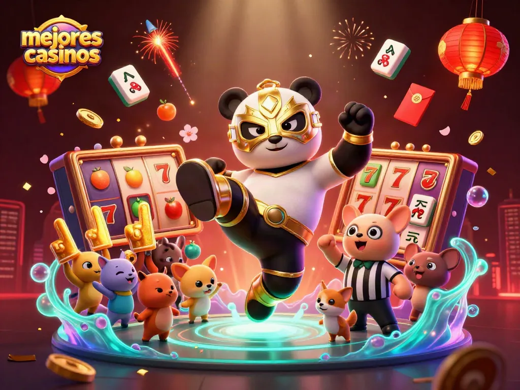 Los mejores casinos: ilustración 3D vibrante y detallada de una pelea de lucha libre con personajes animados y elementos de casino.