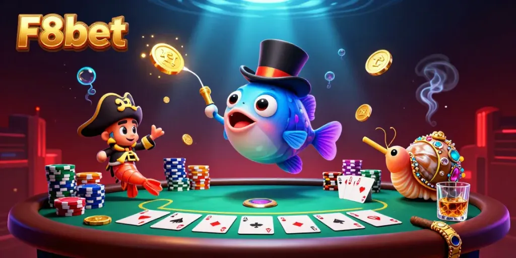 Play poker with F8bet's vibrant casino illustration, featuring fun characters and lively game elements.