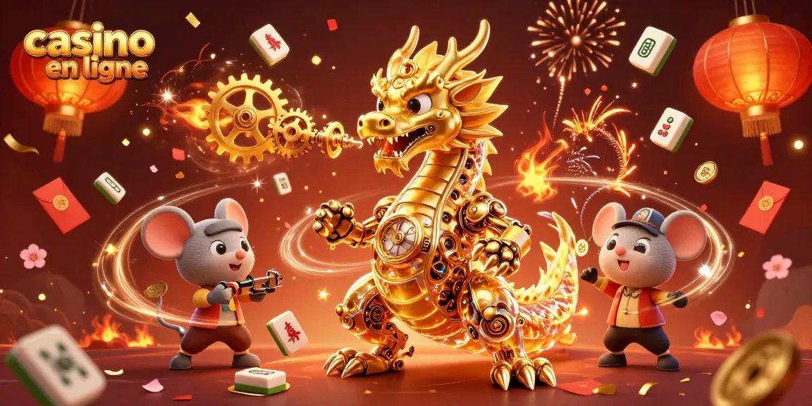 Jouer à des jeux captivants sur un casino en ligne avec un dragon doré mécanique et des éléments de jeu joyeux.