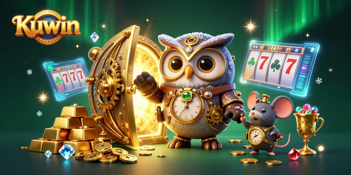 Kuwin showcases an interactive gaming experience with a steampunk owl, treasure vaults, and casino slots in an enchanting atmosphere.