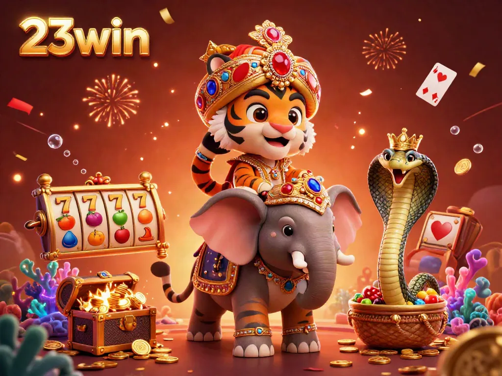 Experience the thrills of 23win with a dynamic illustration of a majestic maharaja tiger and gaming elements.